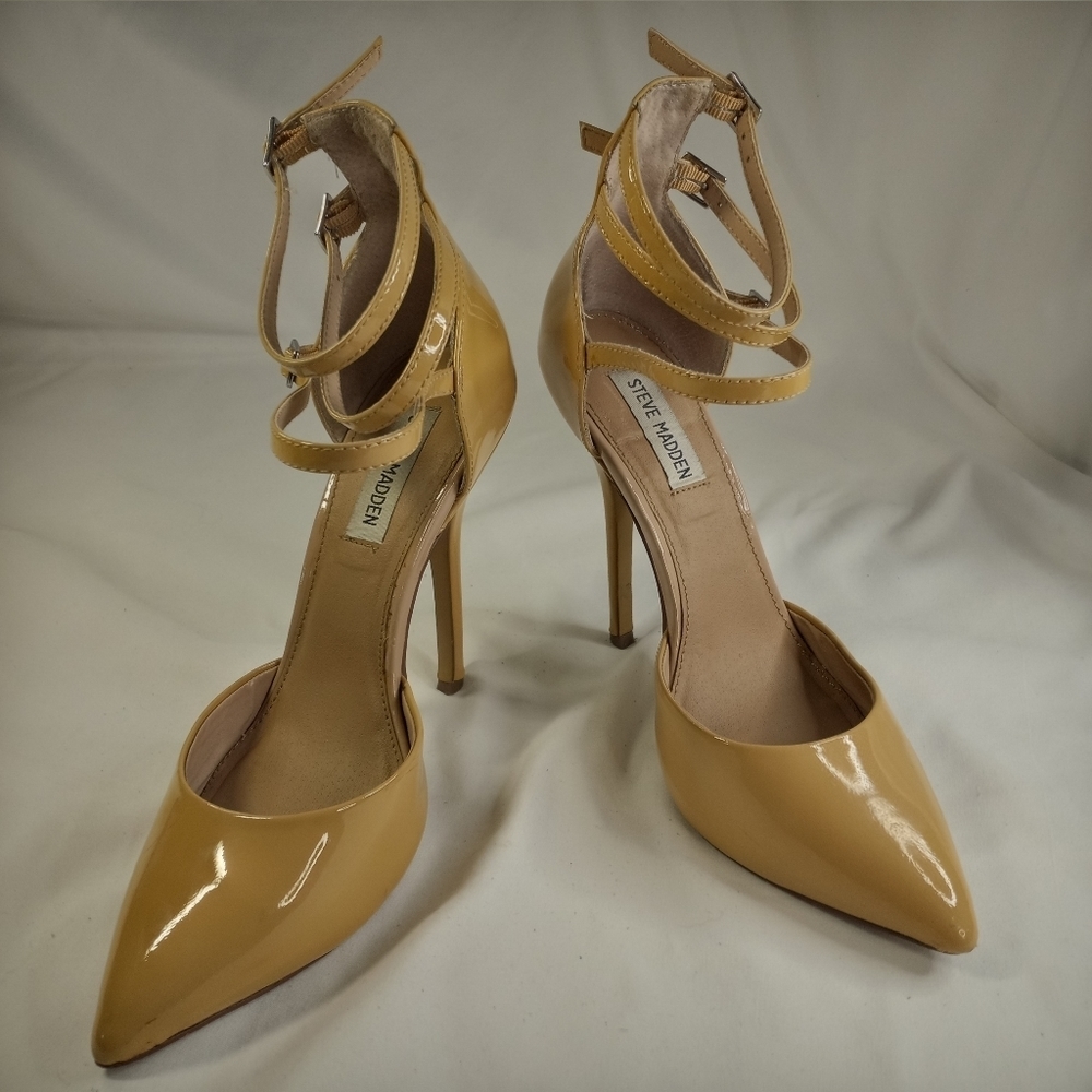 Steve Madden DoubIt Gladiator NUDE Tan Patent Leather Pumps Size 8 Heal 5 inches